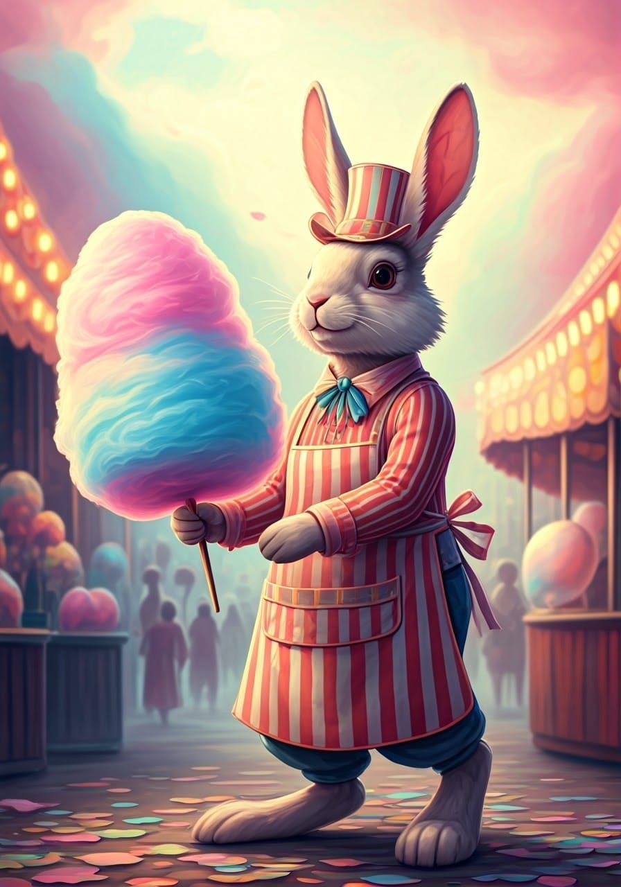 Rabbit Makes Cotton Candy with Whimsical Flair
