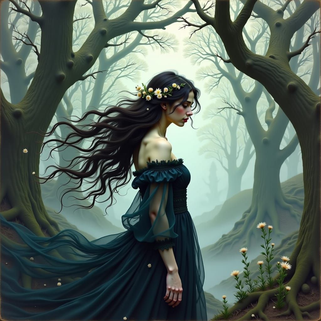 Ethereal Woman in Dreamlike Forest, Gothic Romanticism