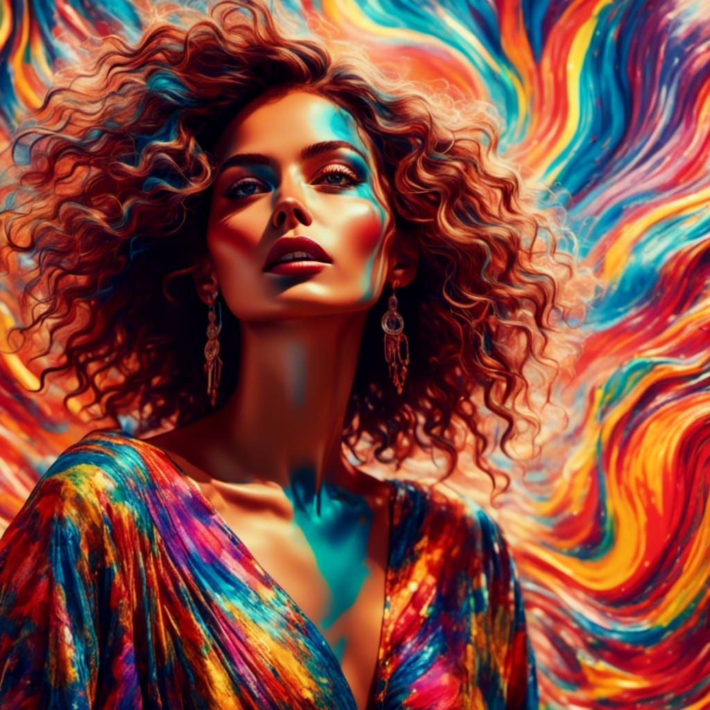 Pop Art Woman in Rainbow Dress with Psychedelic Background