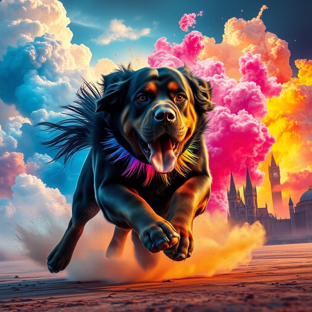 Majestic Hybrid Dog Charges Through Exploding Clouds of Colo...