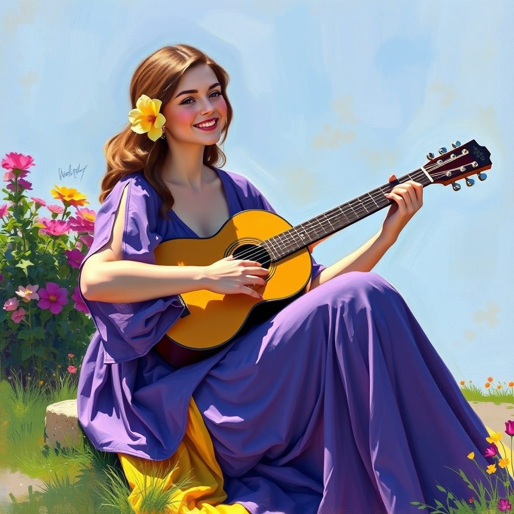 Elegant Musician in Violet and Yellow, Realistic Style