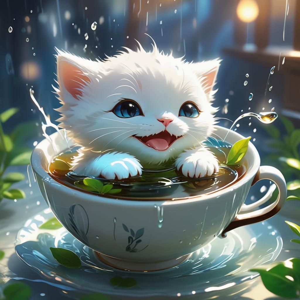 Mystical Kitten Bathes in Glowing Tea Cup