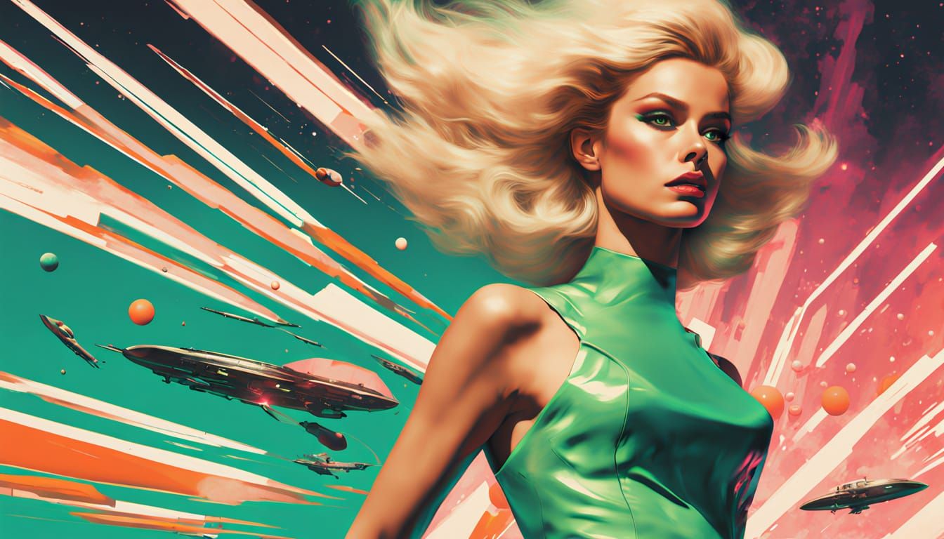 Retro-Futuristic Space Heroine in Freeze-Frame Action