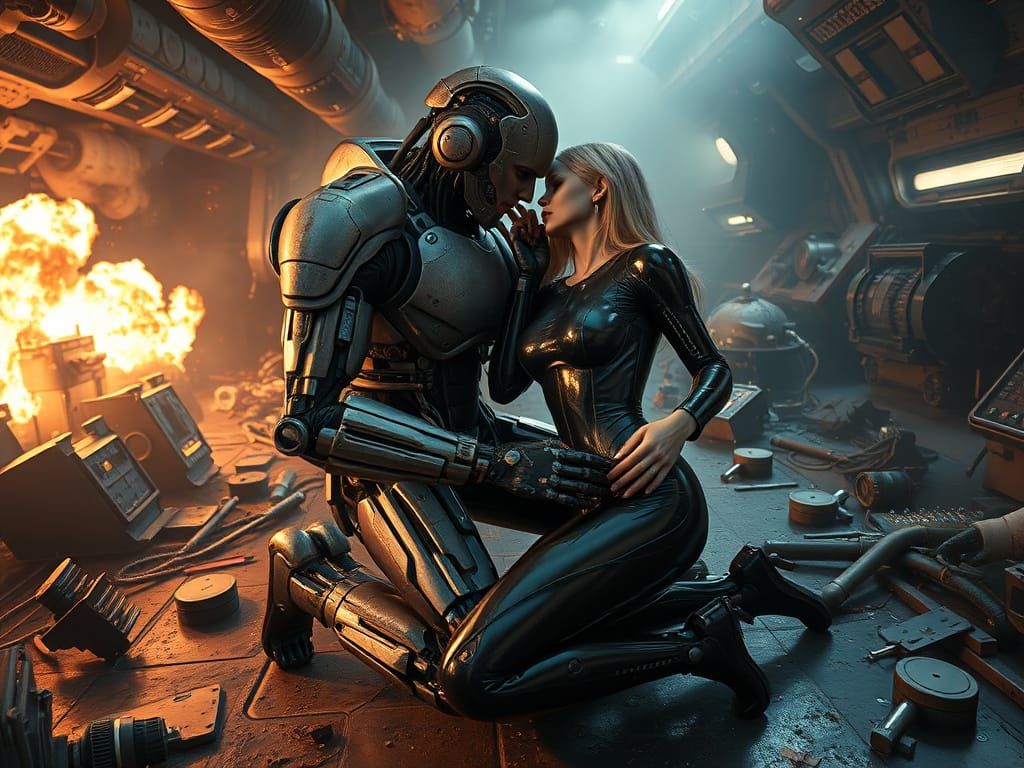 Cyborg Lovers Amidst Battle Ruins in a Futuristic Wasteland