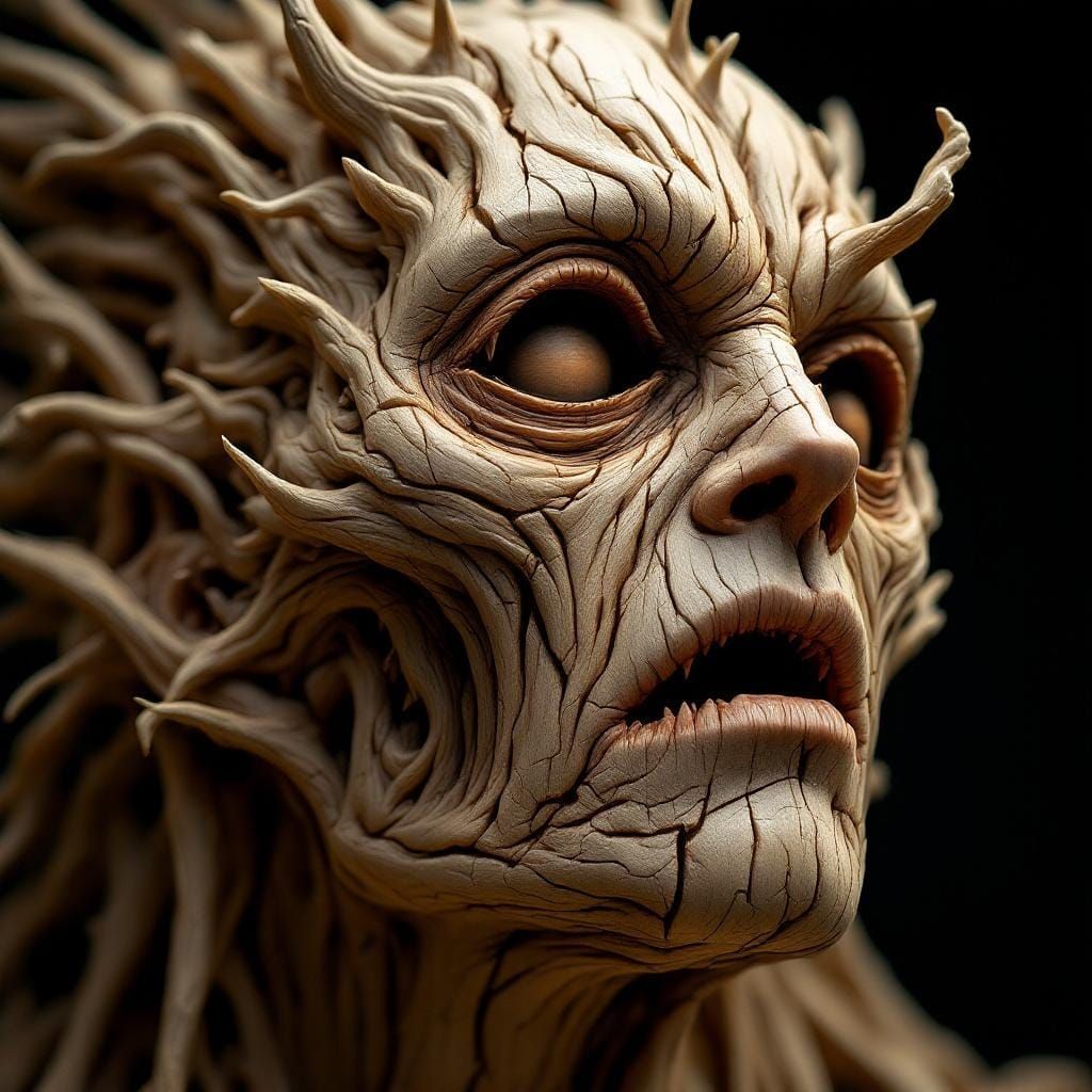 Haunting Wooden Sculpture of Suffering Face