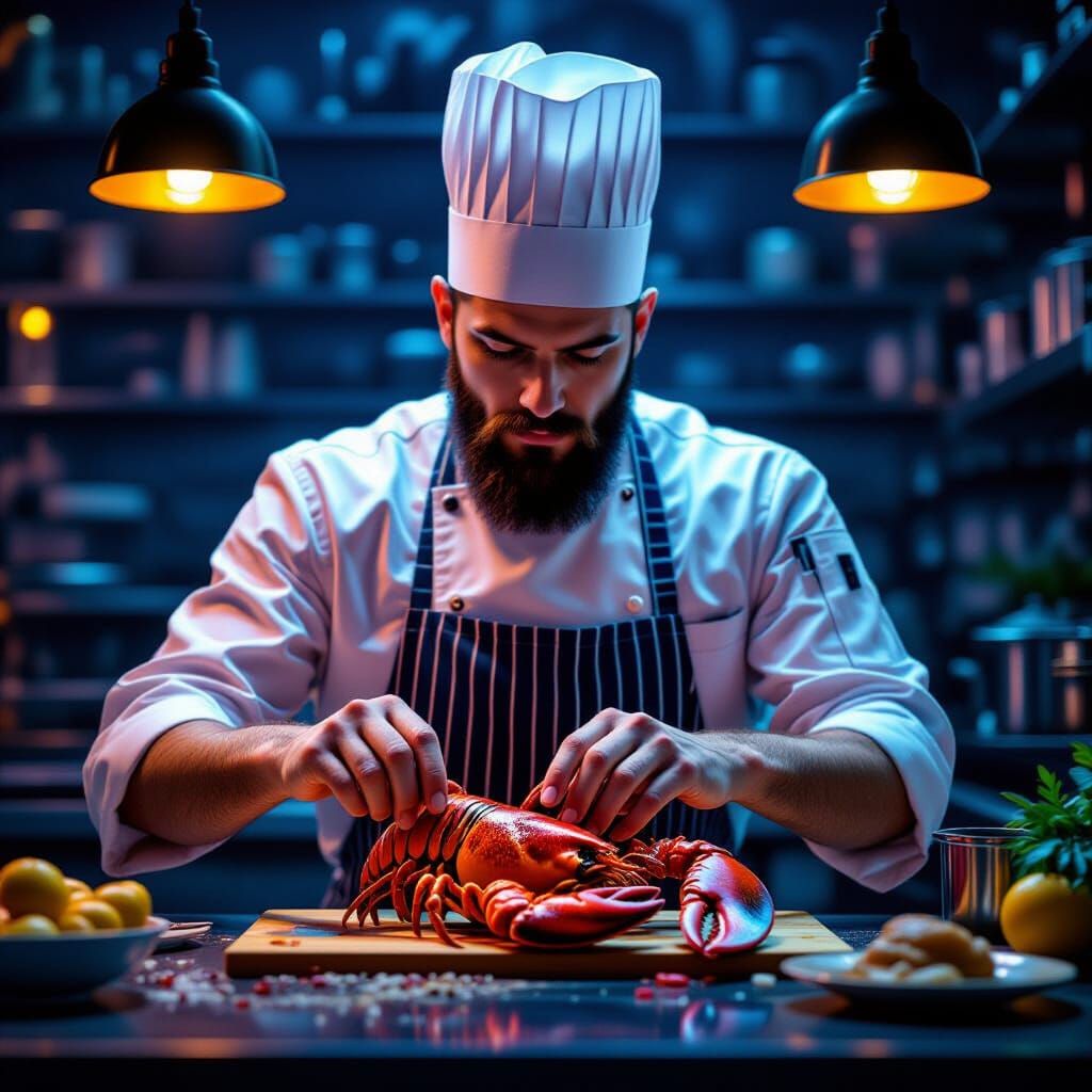 Chef Prepares Vibrant Lobster in Realistic 3D Style