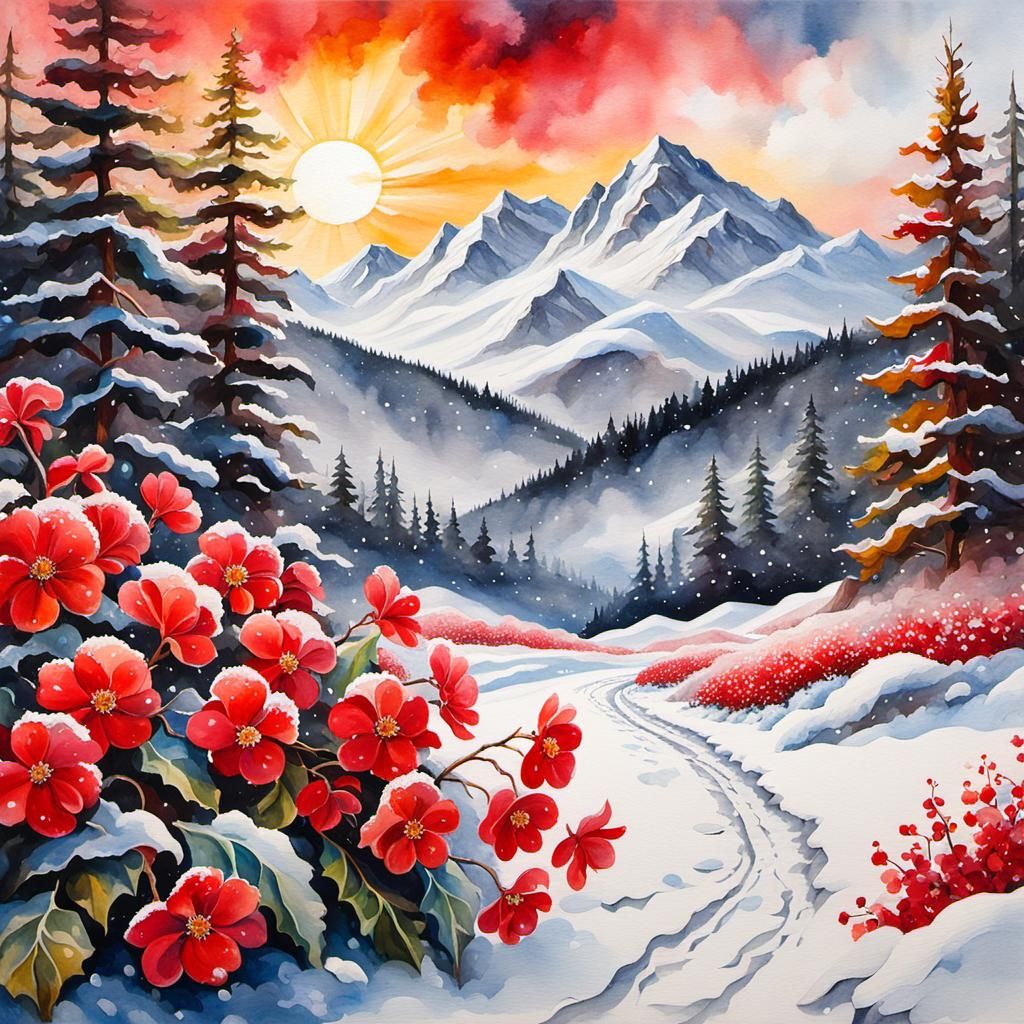 Winter Landscape with Red Begonias: Detailed Illustration