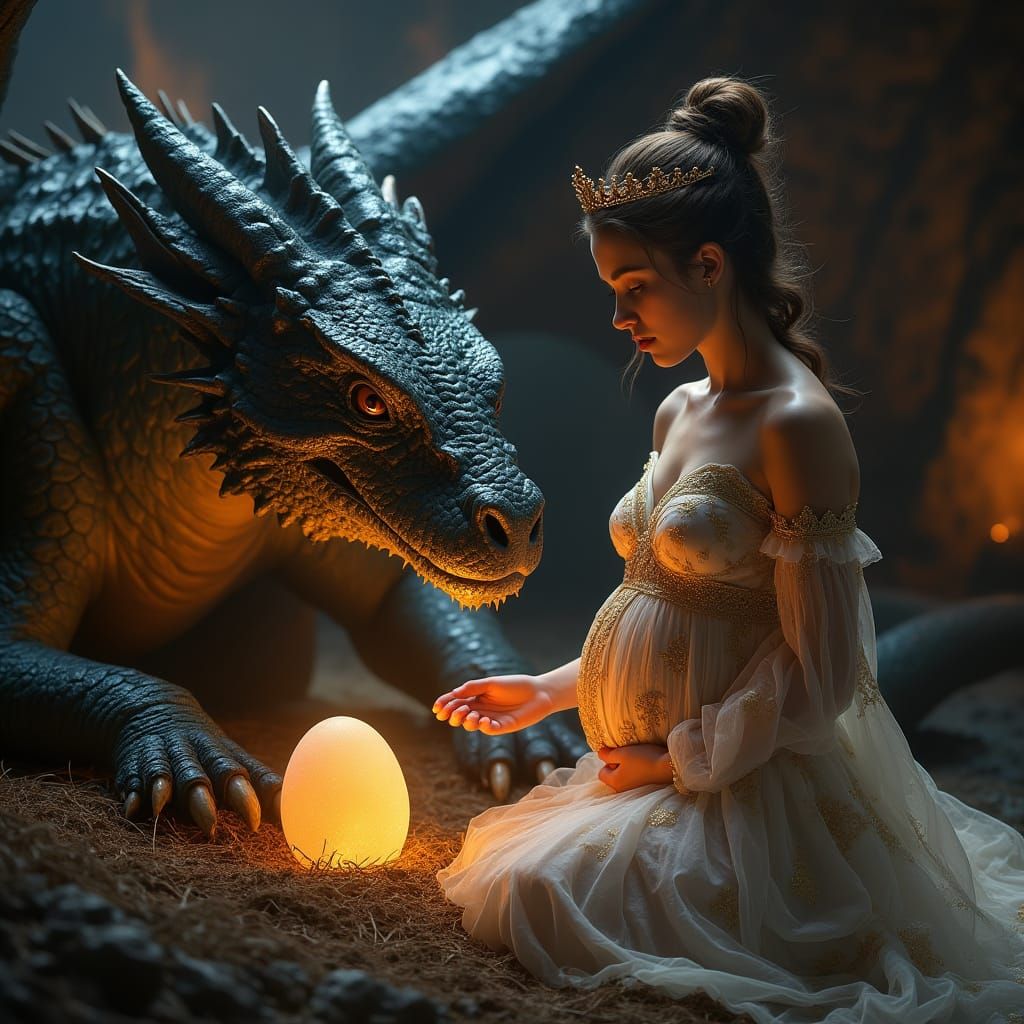 Colossal Dragon Guards Pregnant Queen in Ancient Dungeon