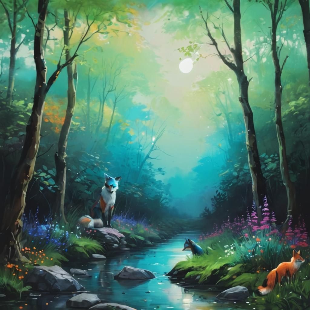 Fox Kitsune in Enchanted Forest: Graffiti Splatter Art