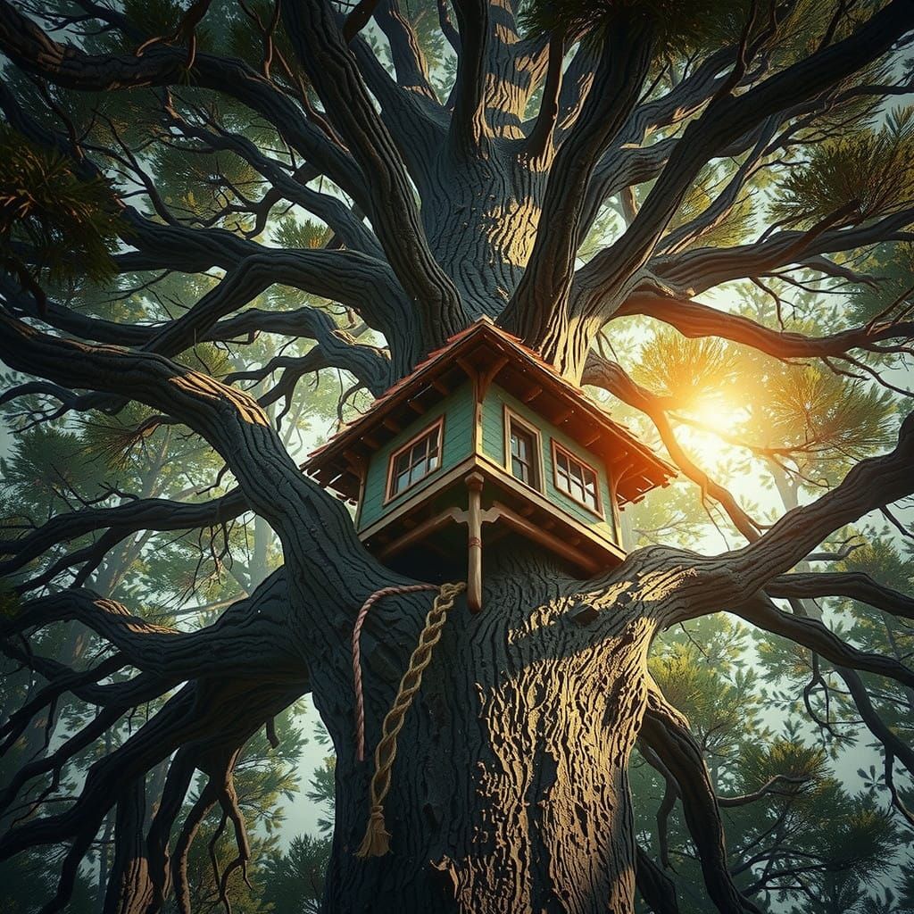 Enchanting Whimsical Treehouse Sanctuary with Rustic Table a...