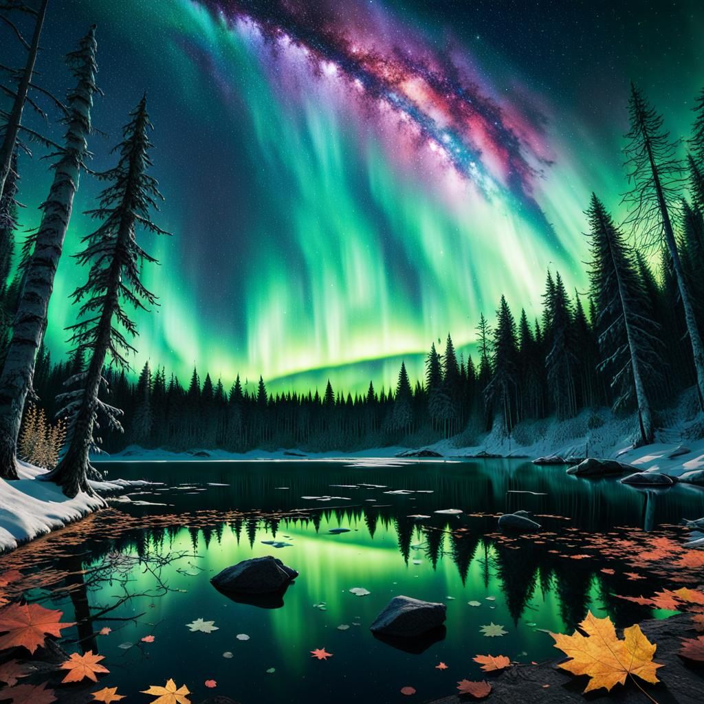 Milky Way and Northern Lights Impressionist Landscape