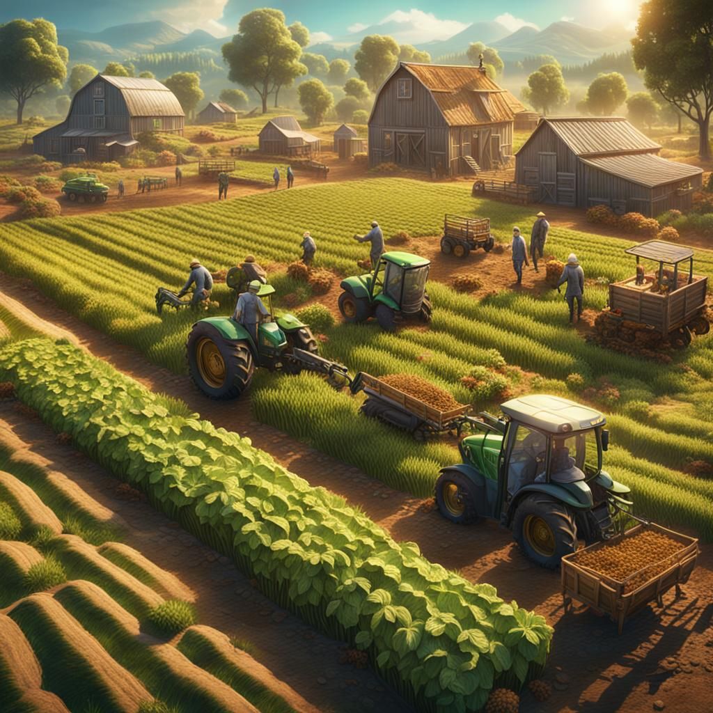 People Farming Crypto Coins: Detailed Matte Painting