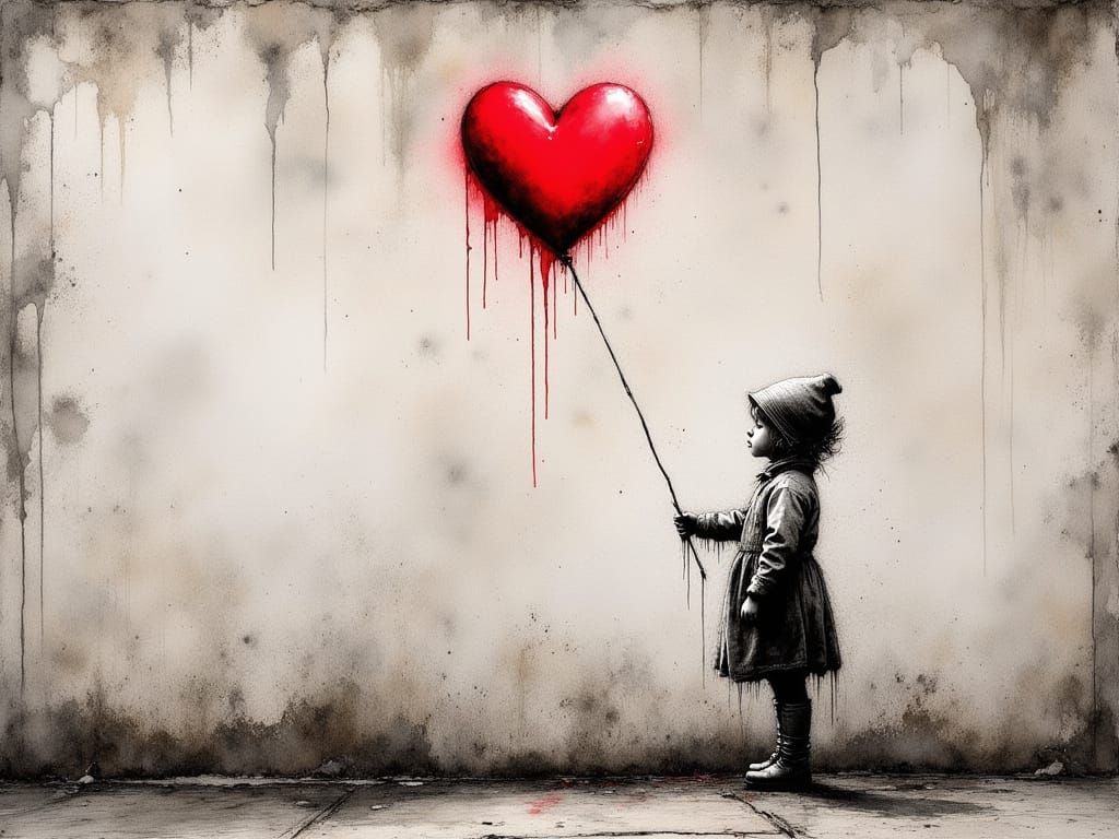 Child with Red Heart Balloon in Banksy Stencil Style