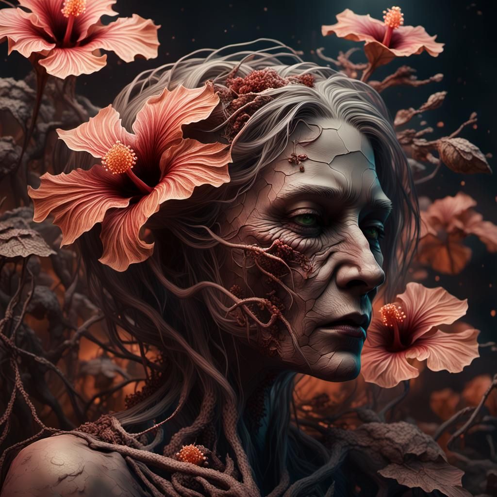 Decaying Hibiscus Digital Matte Painting in Cyberpunk Style