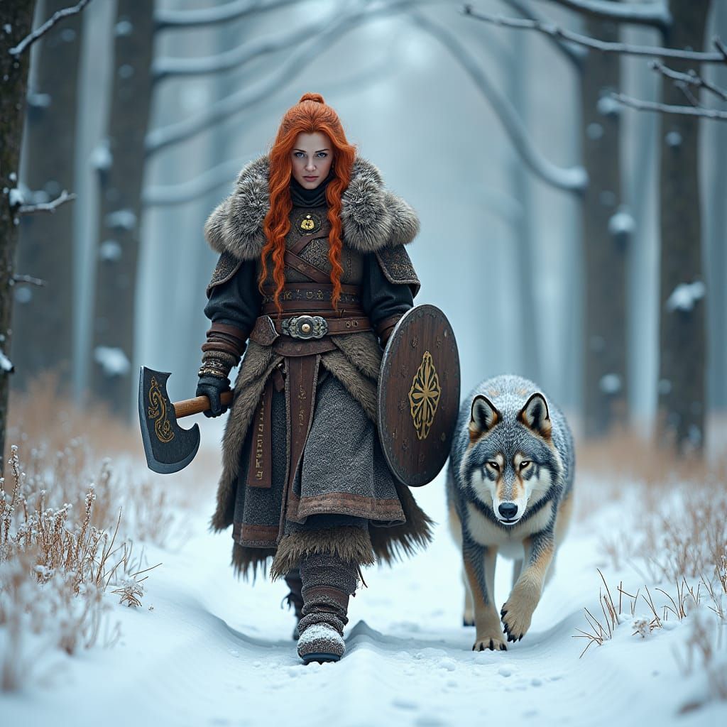 Red-Haired Warrior Striding Through Snowy Forest