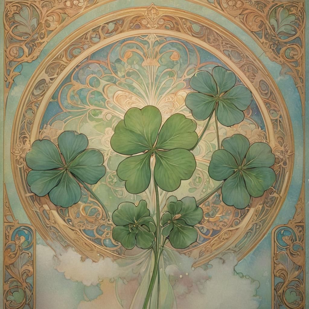 Art by Alphonse Mucha, a glowing four-leaf clover, surrounded by swirling ethereal mists, delicate floral patterns frami...