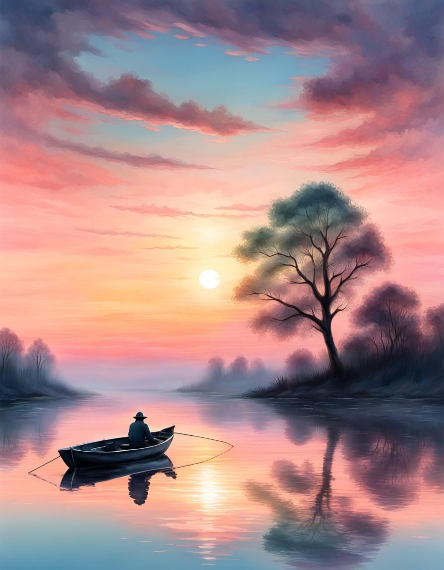 Fisherman on Boat at Pastel Sunrise in Watercolor