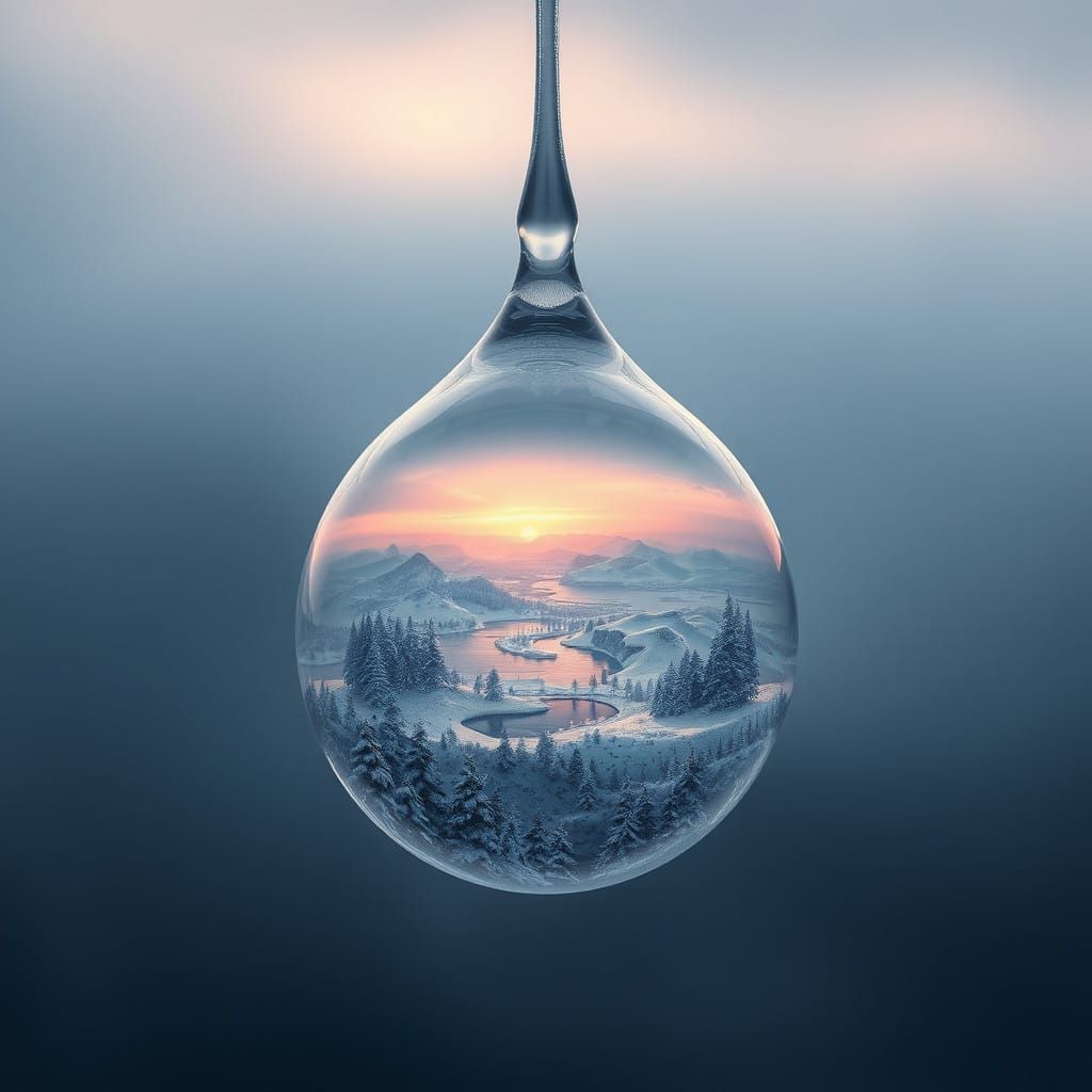 Winter Wonderland Miniature Landscape in a Raindrop