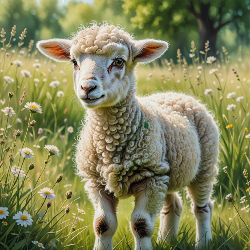 Whimsical Watercolor Lamb in Springtime Meadow