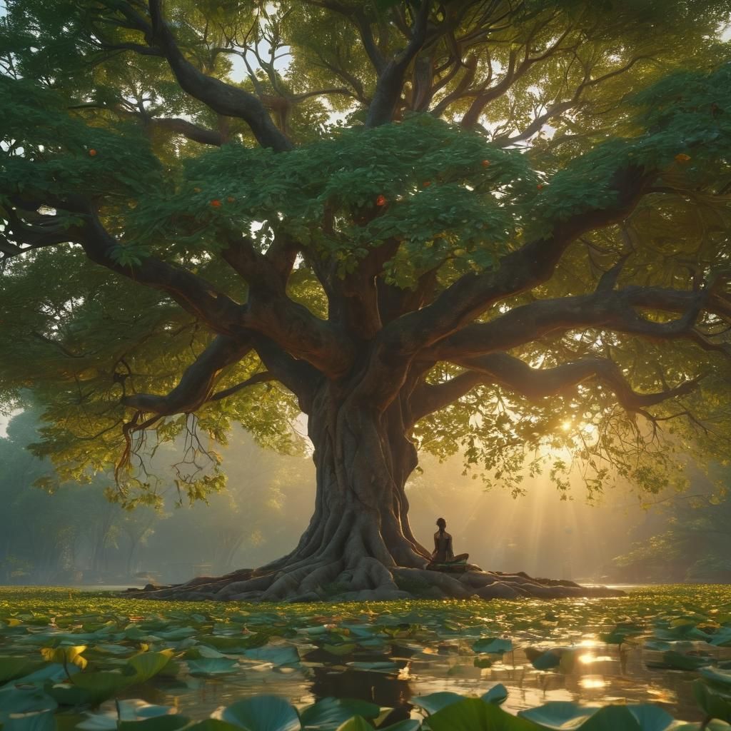 Woman Meditating Under Peepal Tree in Golden Hour