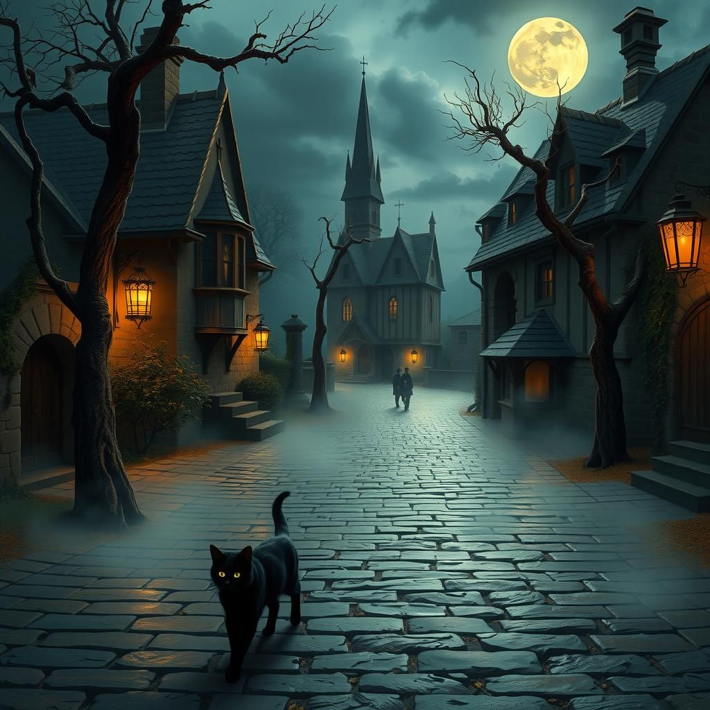 Mystical Black Cat in Gothic Village Painting