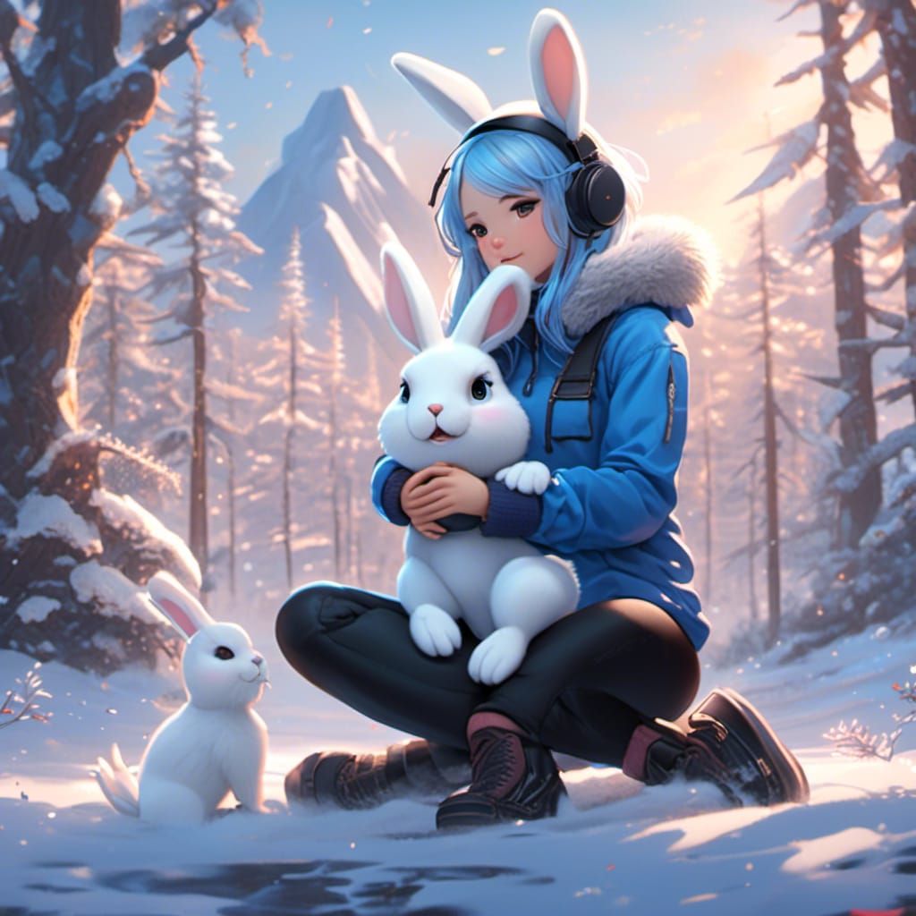 Girl with Bunny in Snowy Fantasy Landscape