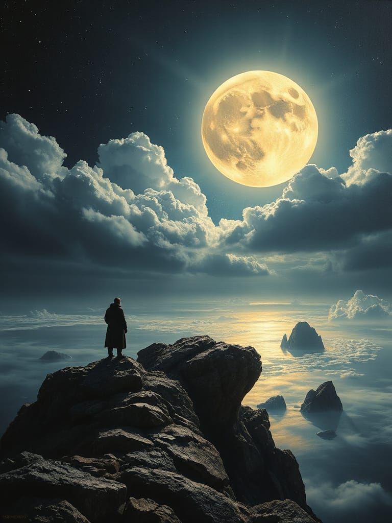 Eerie Moonlit Landscape with Floating Islands, Oil Painting