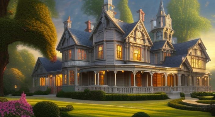 Gothic Mansion Painting with Hyperrealistic Details