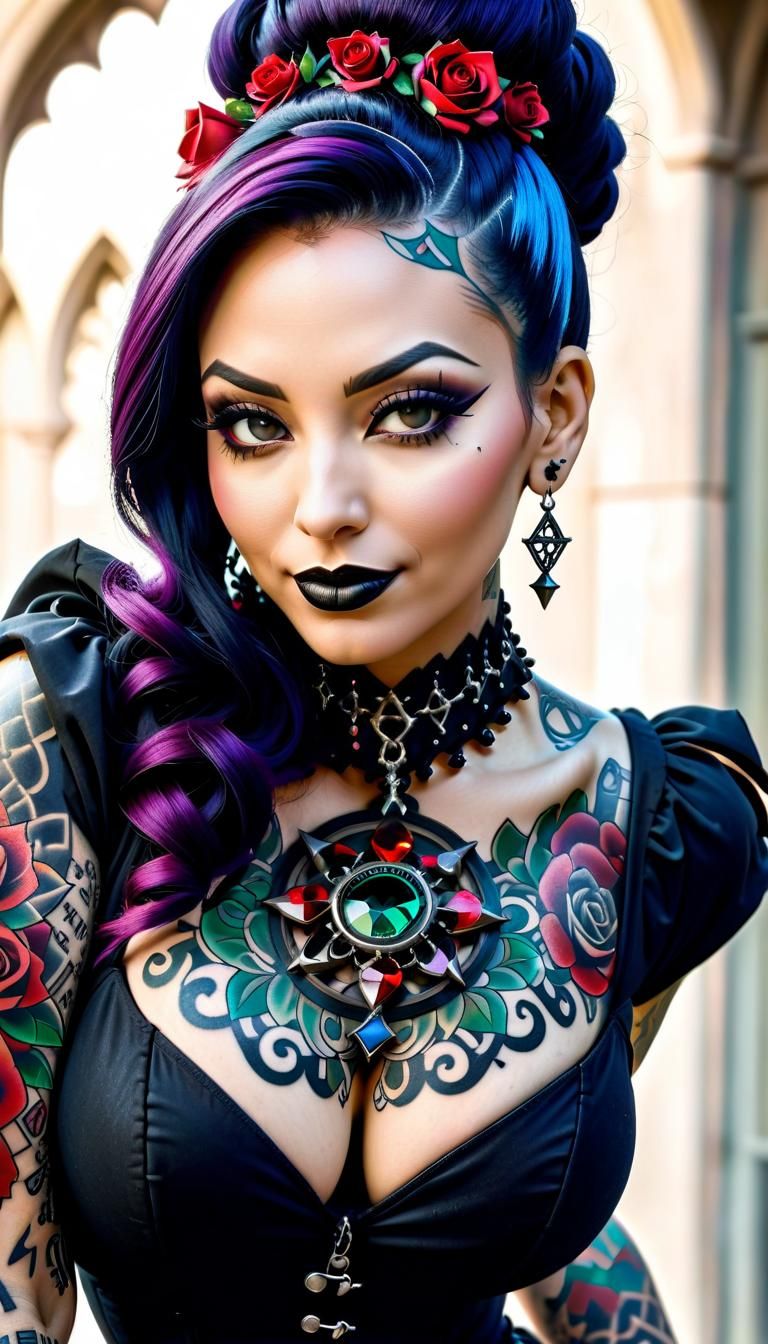 Empowered Latina Pinup with Gothic Tattoo