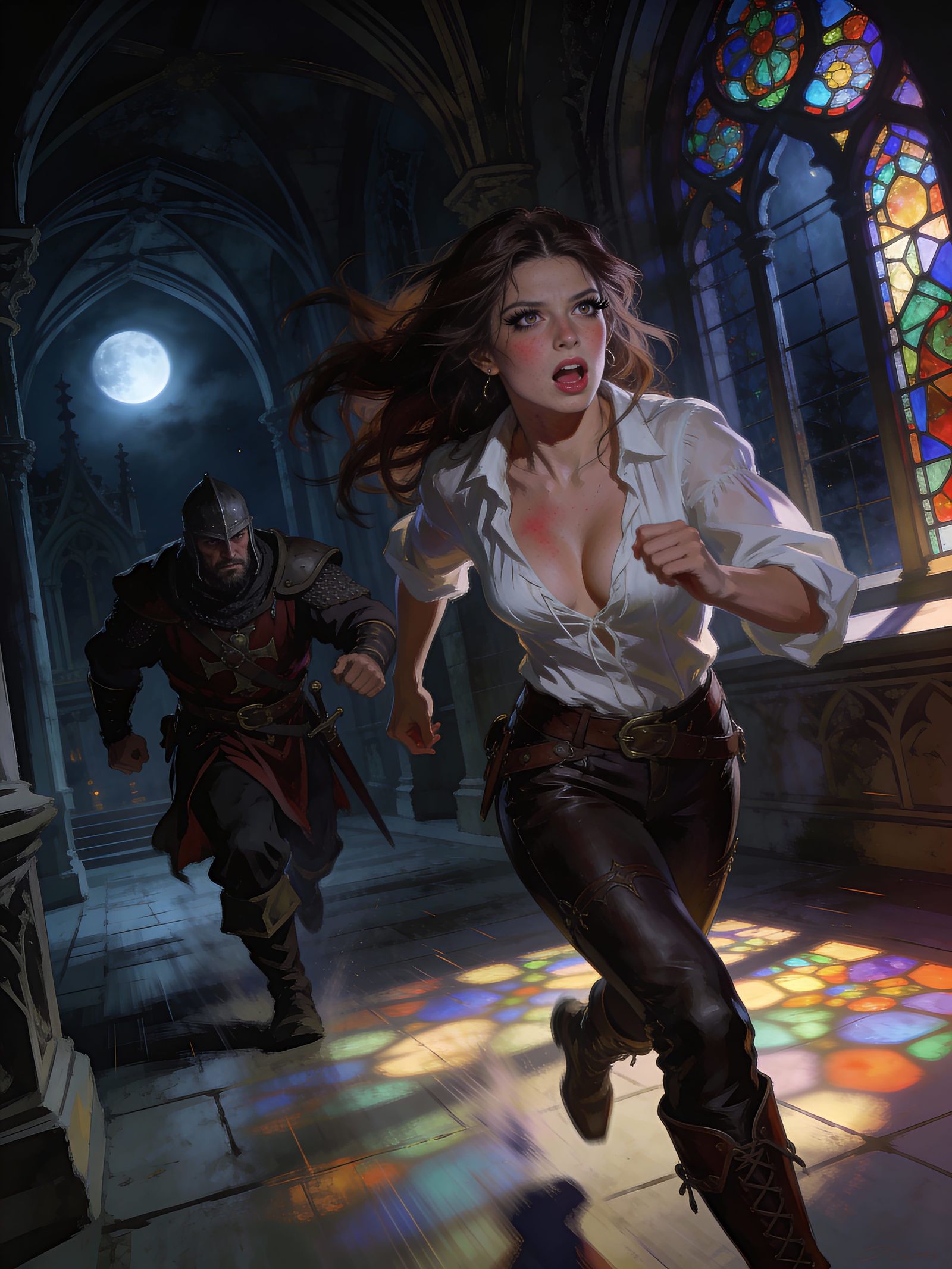 Gothic Fantasy Rogue Flees Guard in Moonlight Palace