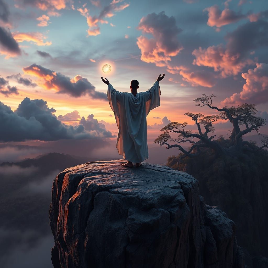 Mystical Figure Releases Orb into the Twinkling Sky