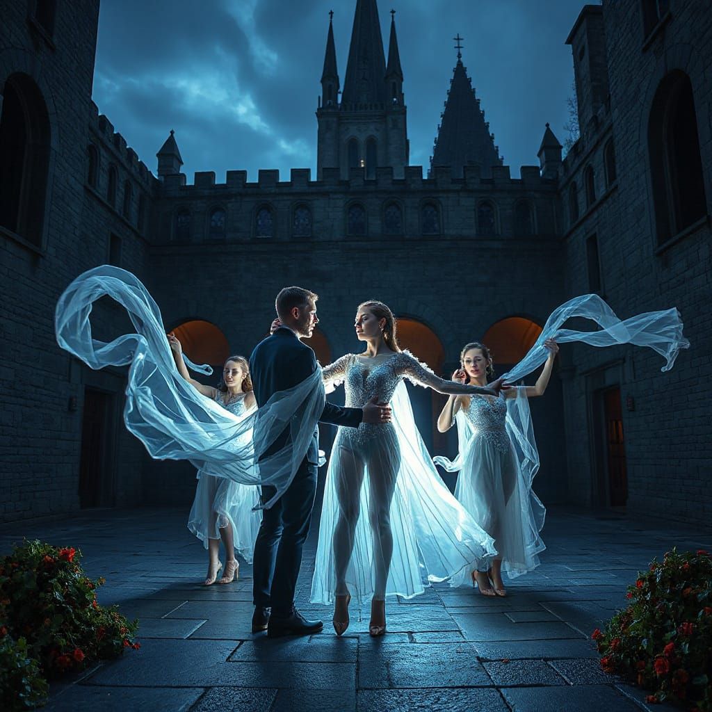 Ethereal Dancers Perform Tango in Dark Castle Square