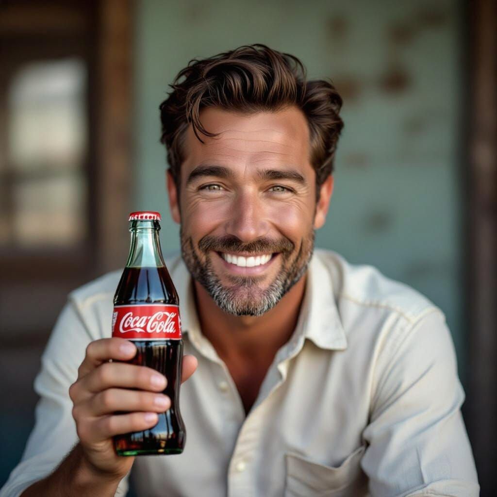 Joyful Man with Coca-Cola Bottle, Cinematic Film Still