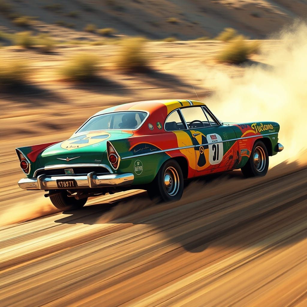 Rally car wrapped in "nuclear family" artwork