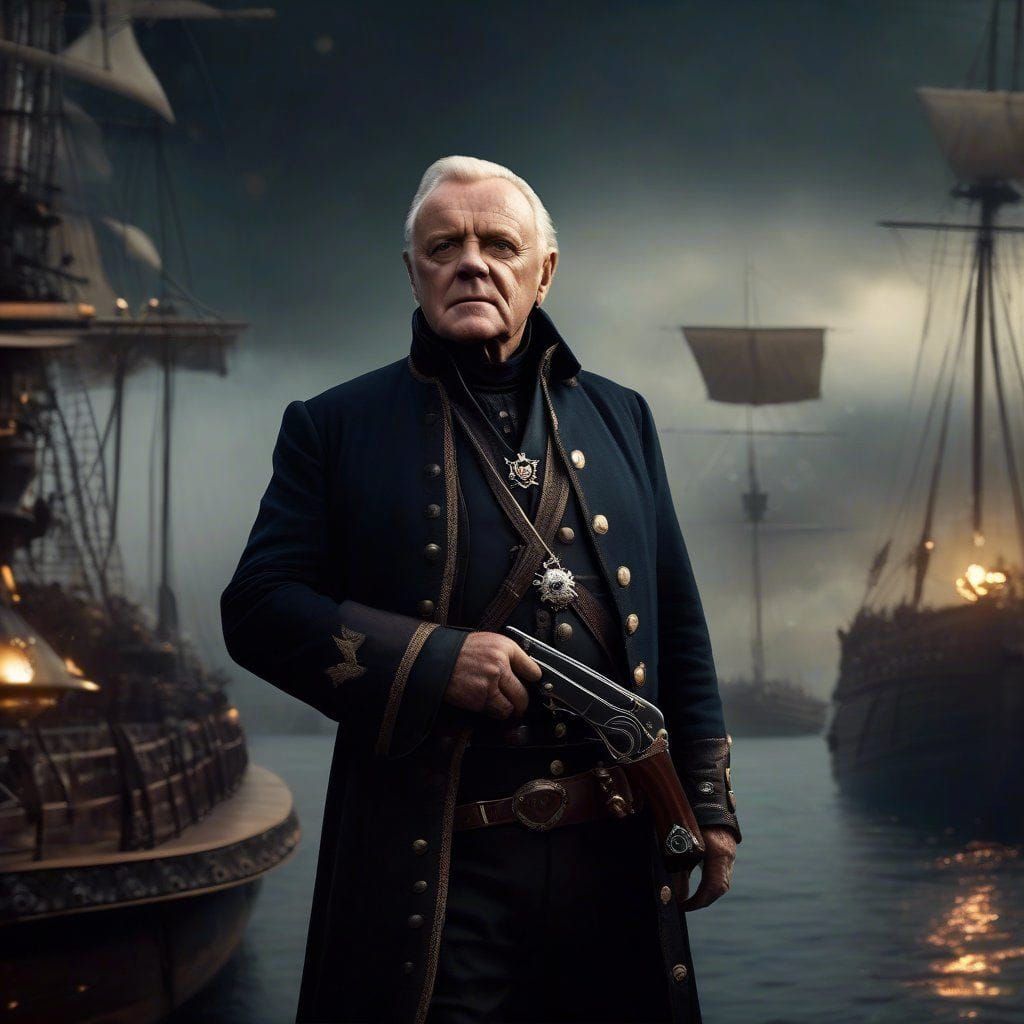 Portrait of Anthony Hopkins as Space Pirate from disney movie "Pirates of the space".  Intricate _details. Elaborate bac...