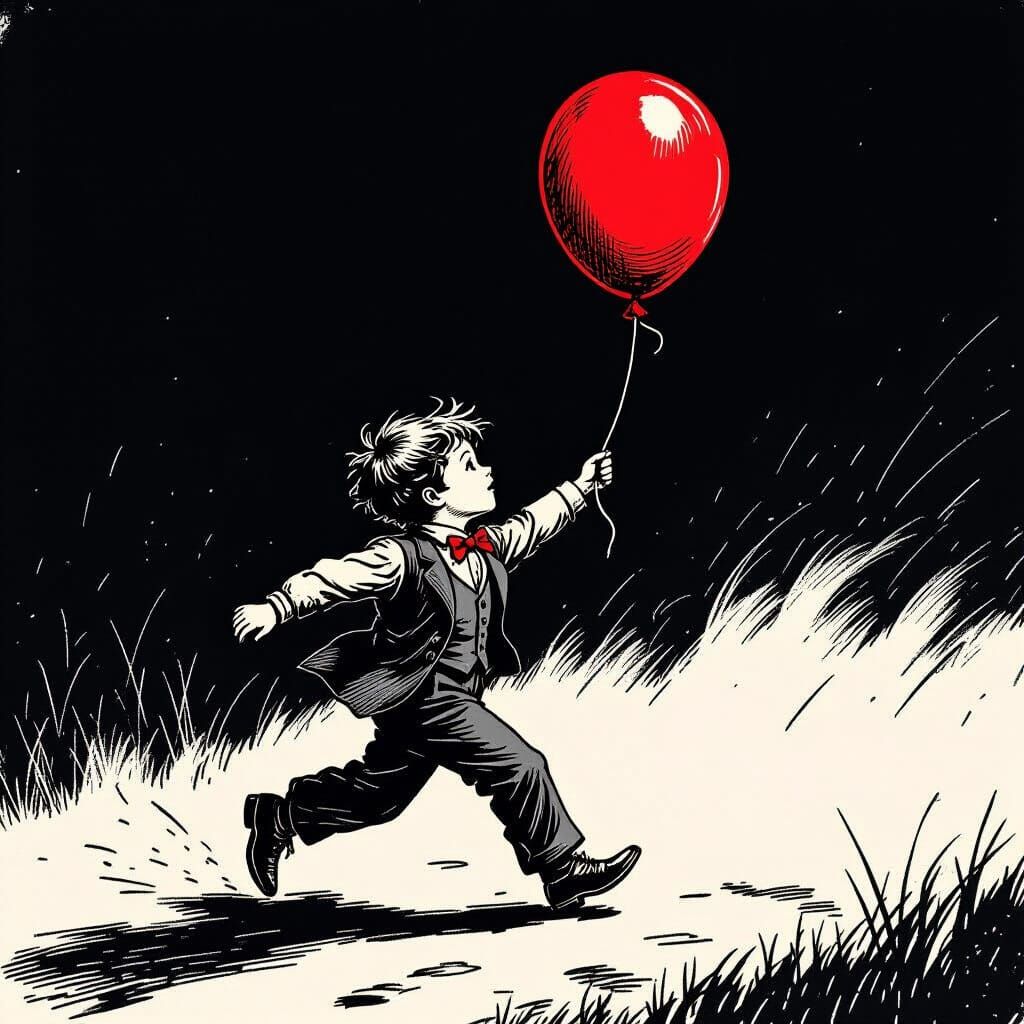 Victorian Boy with Red Balloon in Gothic Illustration