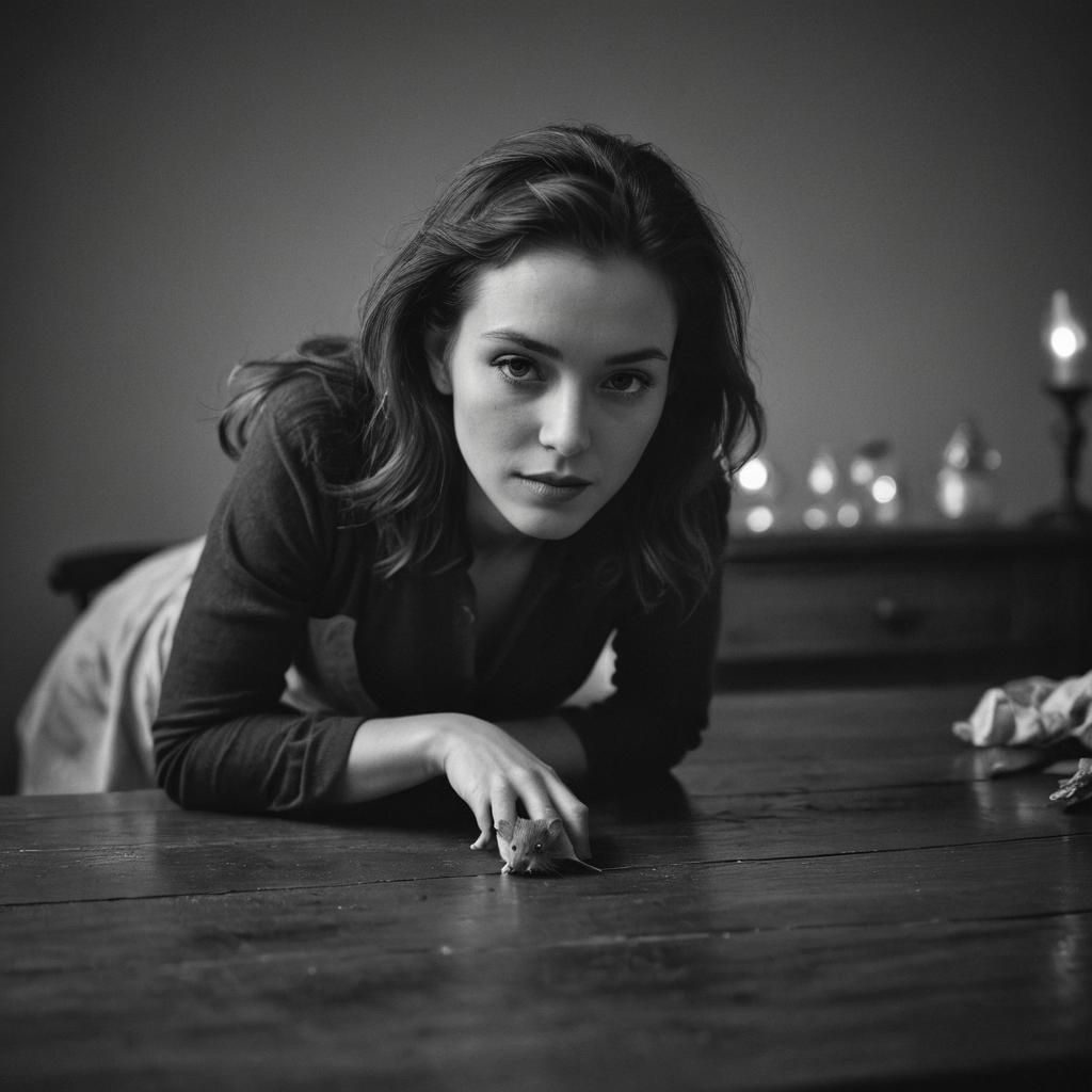 Monochrome Photo of Woman and Mouse with Bokeh