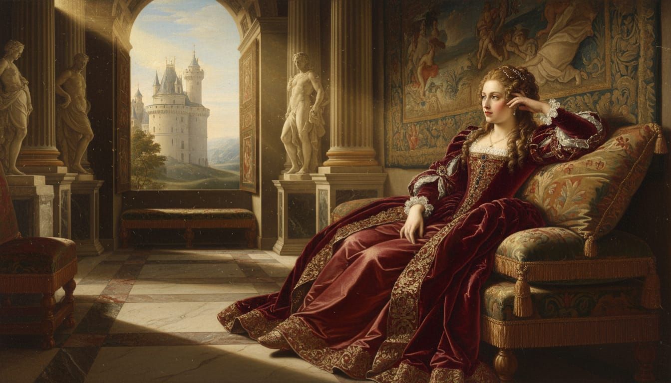 Renaissance Masterpiece: Woman in Court Gown Gazes at Castle