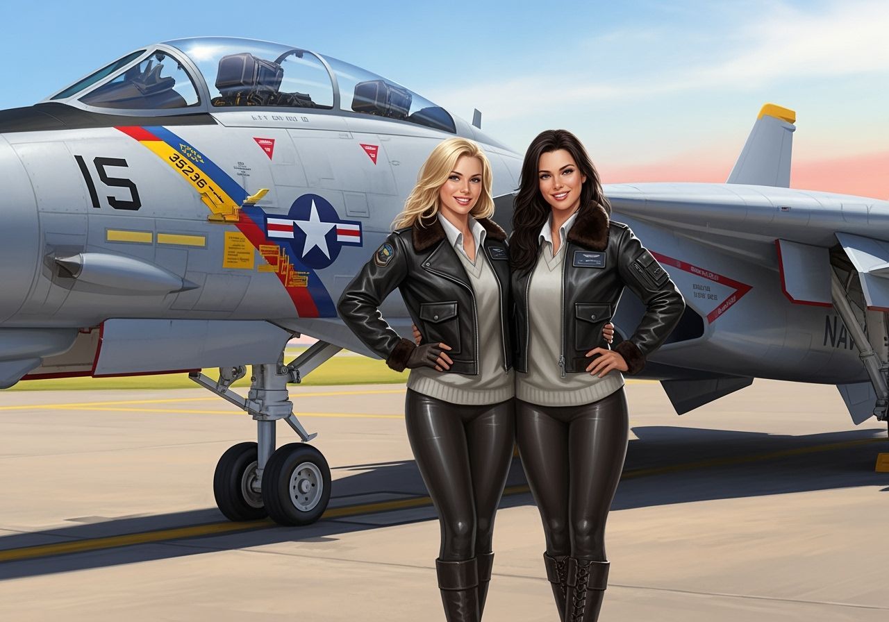 Beautiful Pilots with F-14 Tomcat Jet, Hyperrealistic Splash...