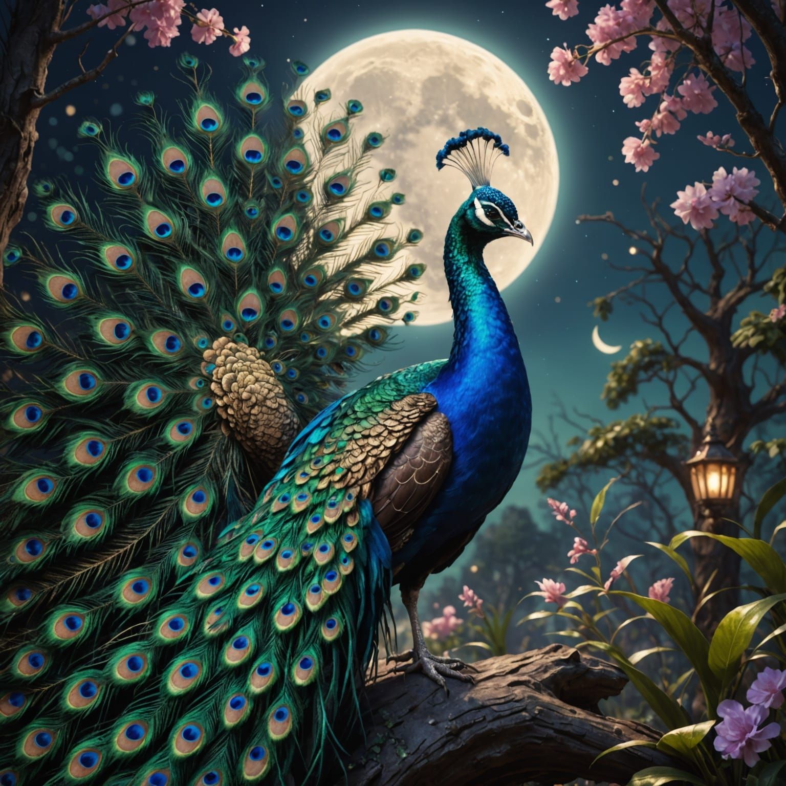 Peacock in Dreamy Moonlit Landscape Under Cherry Blossoms