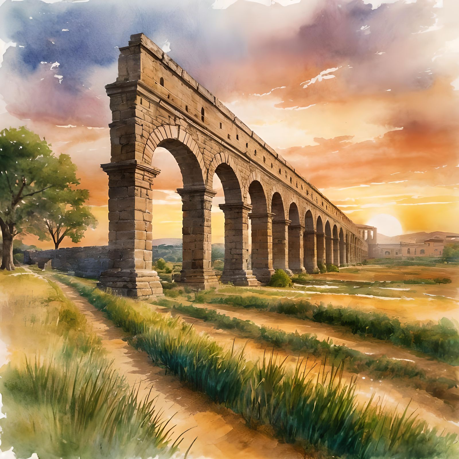 Watercolor Roman Aqueduct in Sunset Landscape