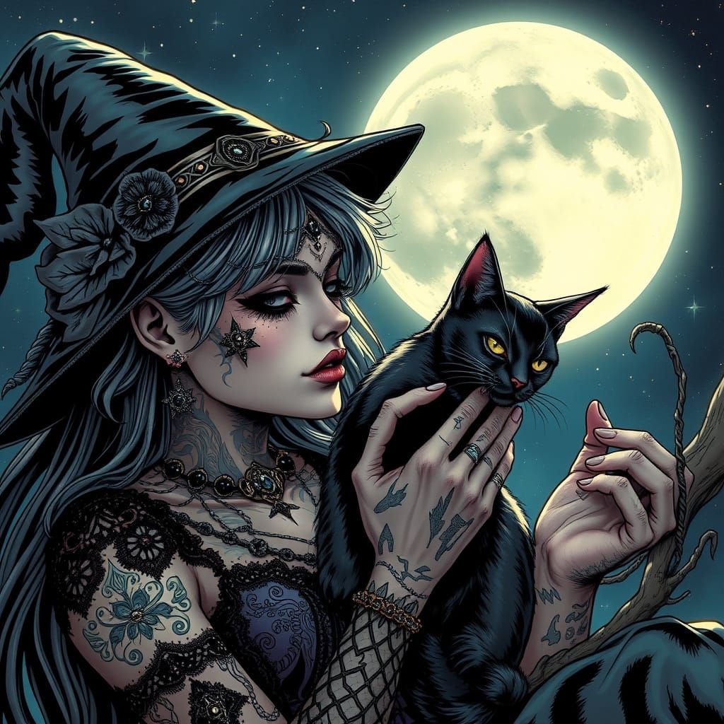 Gothic Witch Petting Cat in Comic Book Style