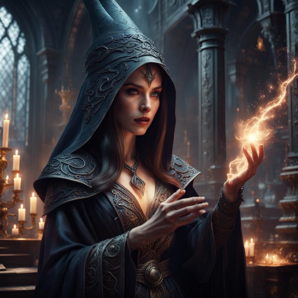 Gothic Sorceress Casting Magic in Digital Matte Painting