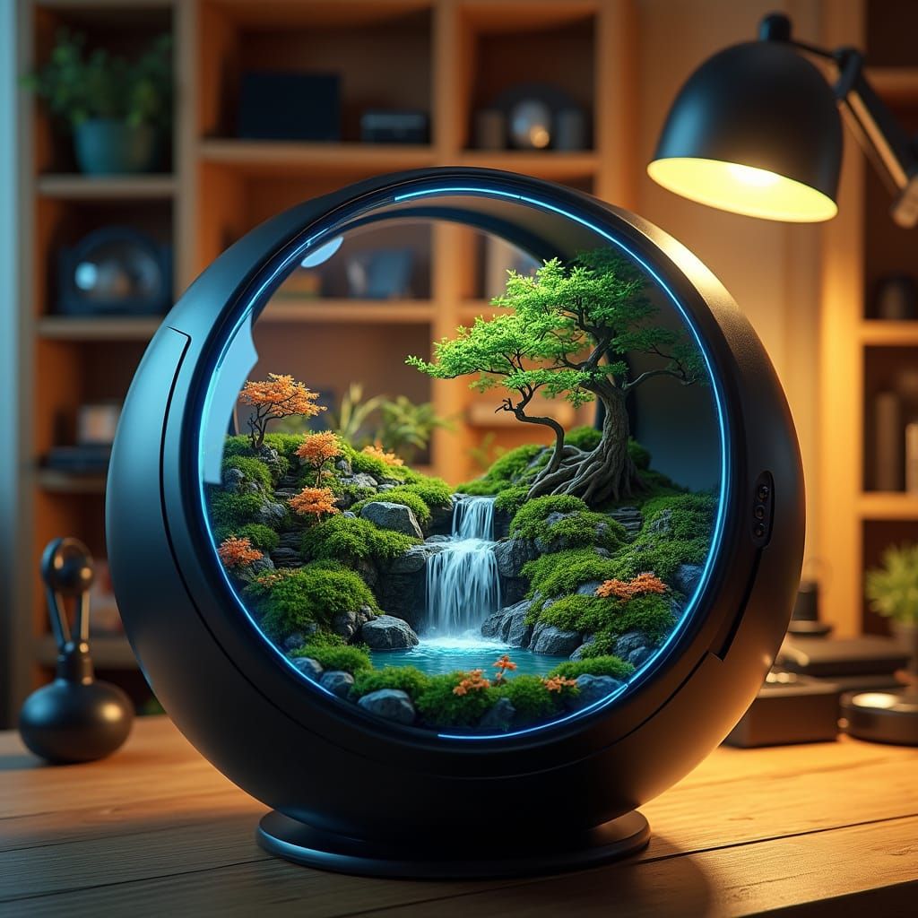 Futuristic Terrarium with Miniature Landscape, 3D Render