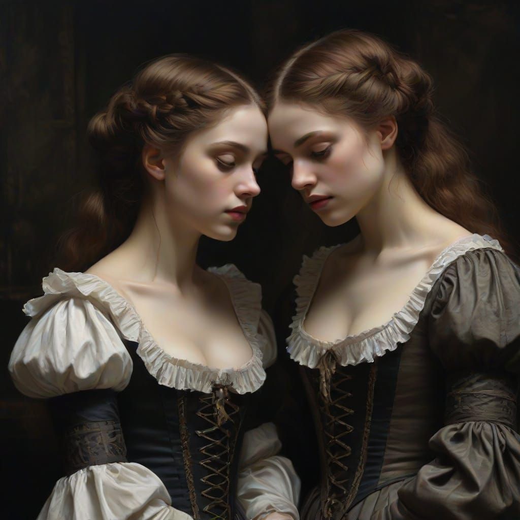 Gothic Victorian Girls Embrace in Ethereal Art