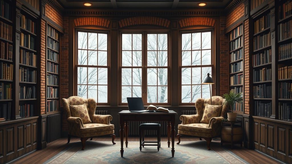 Cozy Victorian Library with Snowy Window View