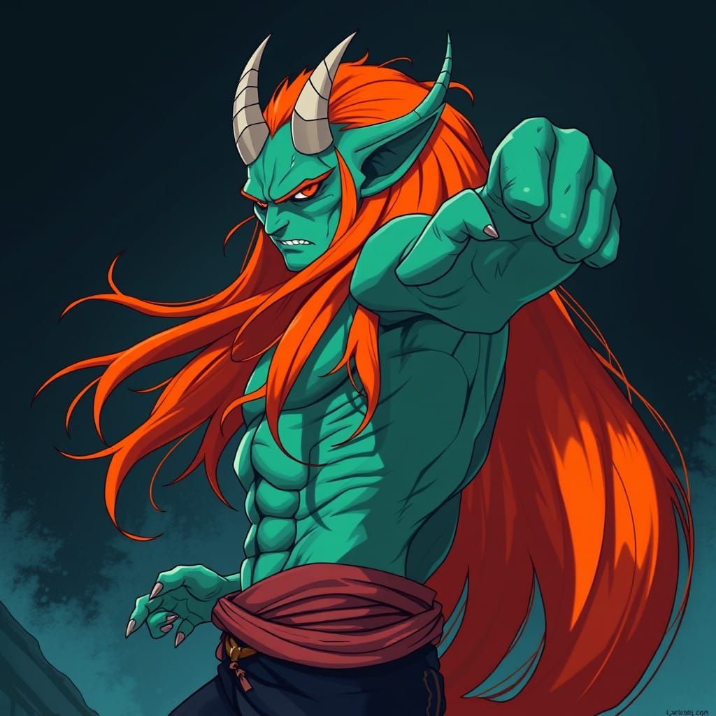 Heroic Demon in Vibrant Orange Hair and Teal Skin, Inspired...