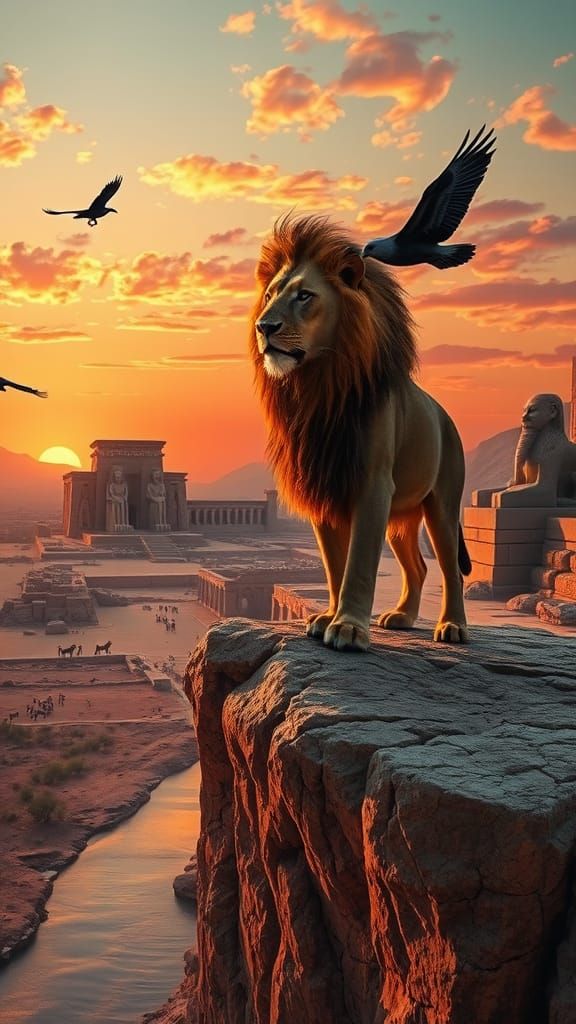Regal Lion in Vibrant Ancient Egyptian Landscape