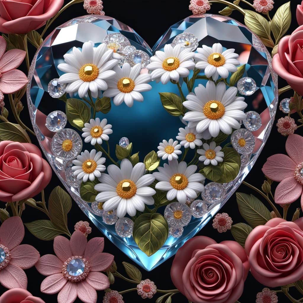 A beautiful Swarovski crystal heart with roses and daisies