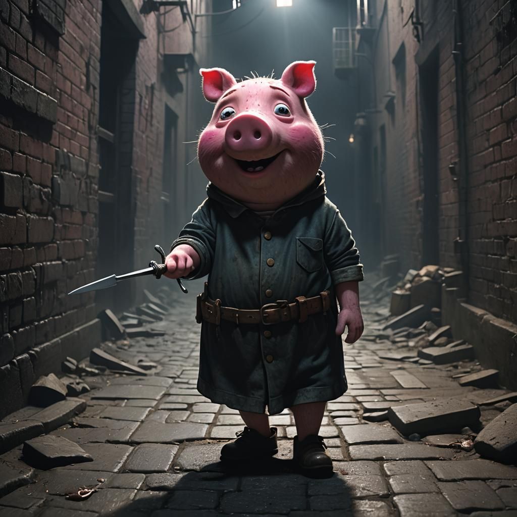Peppa Pig Dark Alley Confrontation in Rembrandt Style